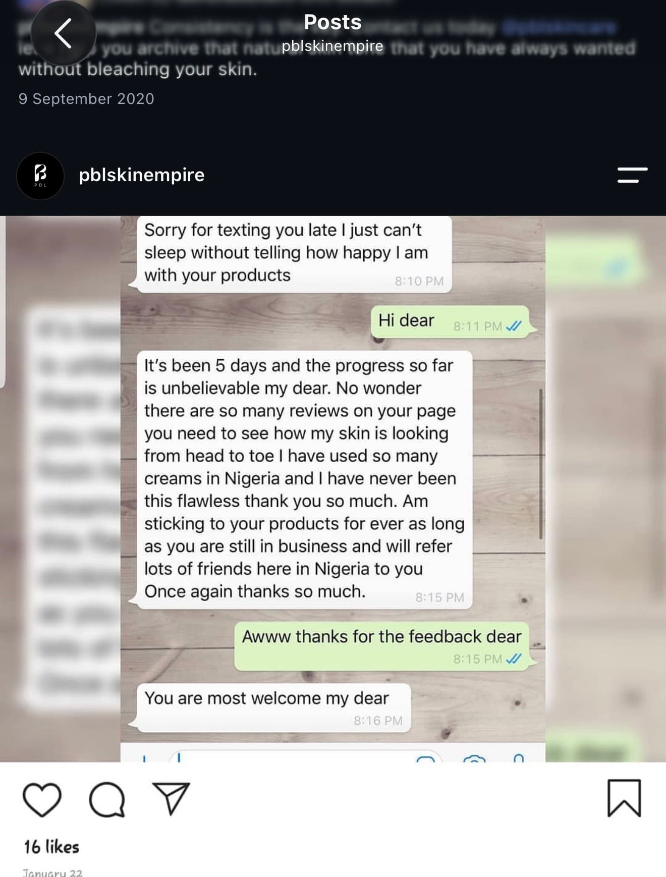 Customer feedback screenshot