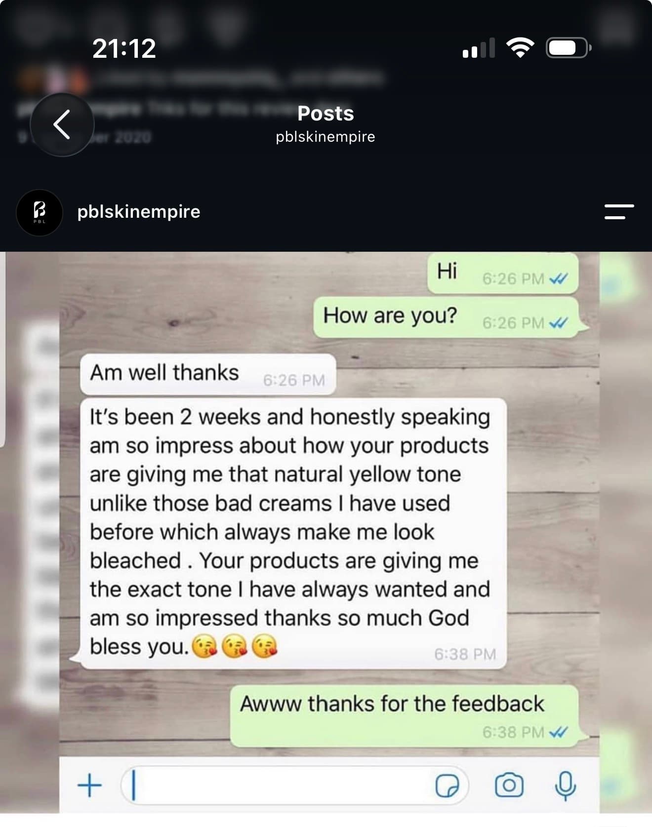 Customer feedback screenshot
